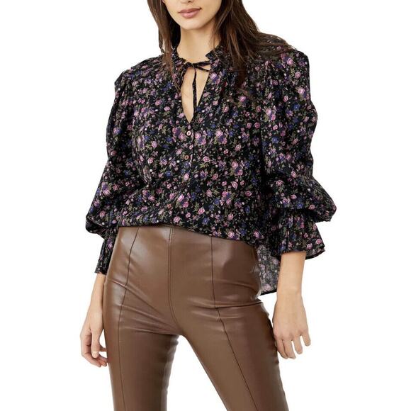 Free People Meant To Be Smocked Blouse Floral Black Combo Peasant Boho - Picture 1 of 9
